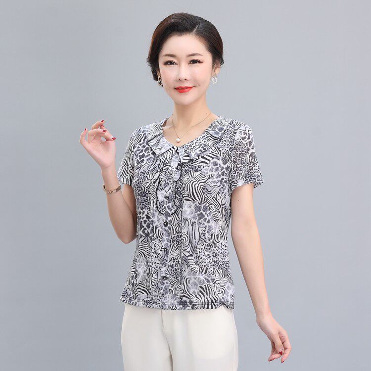 锦依罗时尚夏装台湾纱网纱夏季中老年女装修身短袖套头上衣T恤