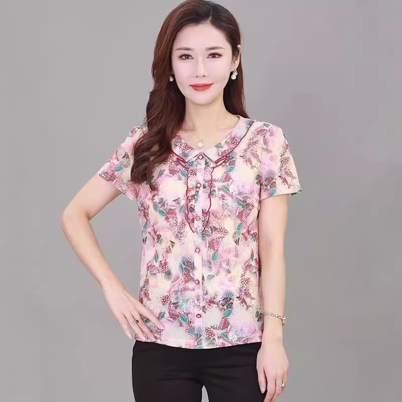 雪琳儿中老年女装夏季台湾网纱短袖T恤妈妈装时尚小衫上衣