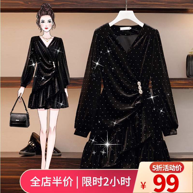 秋季2020新款女大码胖mmV领显瘦烫钻鱼尾裙丝绒小个子连衣裙气质