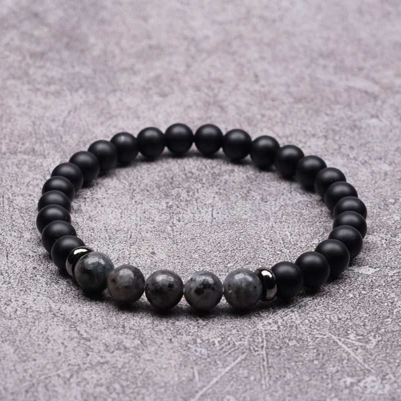 pohier宝喜儿闪光石磨砂黑玛瑙简约个性水墨风手链复古潮男手串