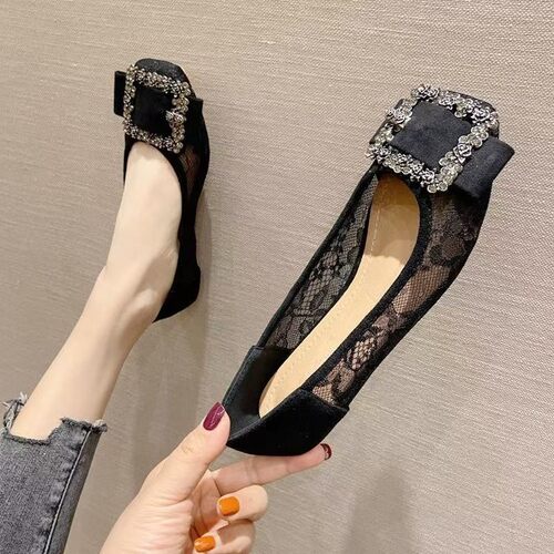 蕾丝网纱透气平底鞋女2026夏季浅口方头水钻女单鞋软底瓢鞋豆豆鞋