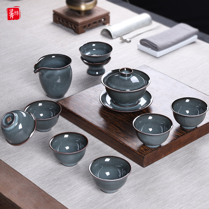 青瓷铁胎整套功夫茶具盖碗