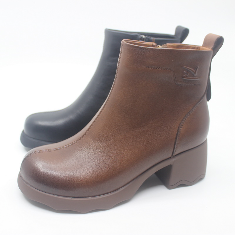 特价富贵鸟短靴2024冬季新款侧拉链绒里牛皮粗跟女靴子G42M217CC