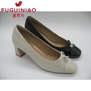 蝴蝶结舒适粗跟羊皮女单鞋 时尚 F500032K 2025春新款 富贵鸟女鞋