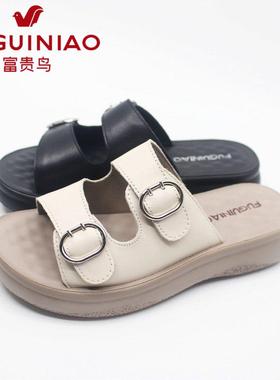 富贵鸟女拖鞋2024年夏新款坡跟真皮凉鞋女鞋妈妈鞋N42Z103C-9