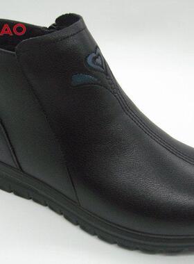 富贵鸟短靴2023冬新款厚绒里牛皮侧拉链矮跟妈妈鞋G351068CR