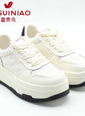 富贵鸟女鞋2024春夏新款系带休闲牛皮女单鞋小白鞋X42T331C-9