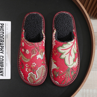 保暖复古风室内提花棉拖鞋冬季