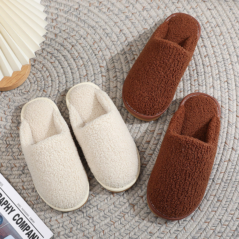 冬季保暖防滑简约室内厚绒棉拖鞋