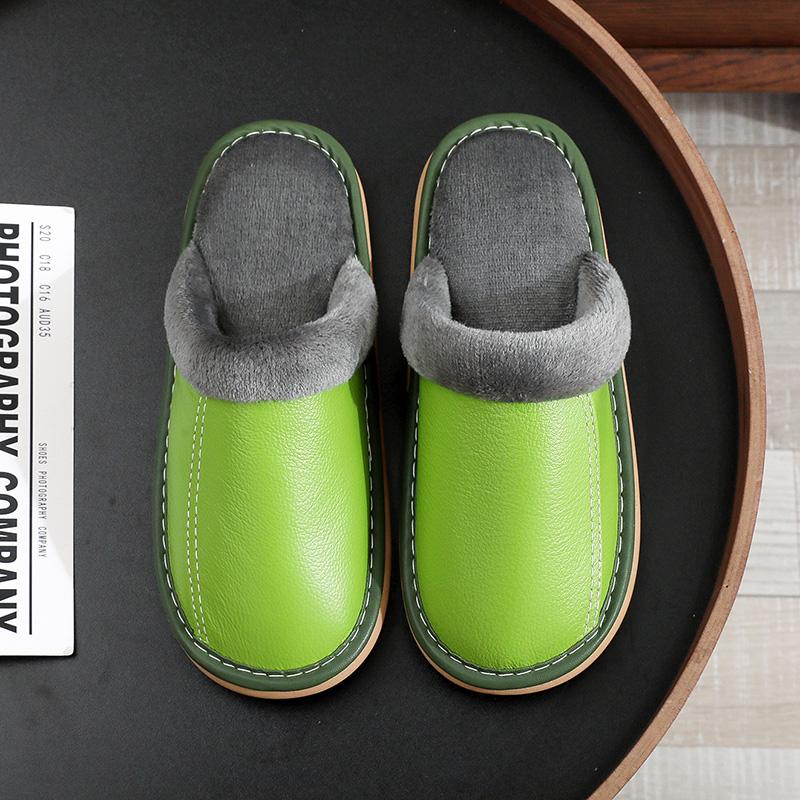 秋冬季牛皮面居家男女加厚防滑软底静音无声加绒保暖棉拖鞋橡胶底