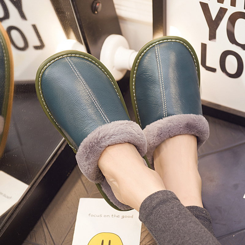 真牛皮面防水男女新款毛绒棉拖鞋