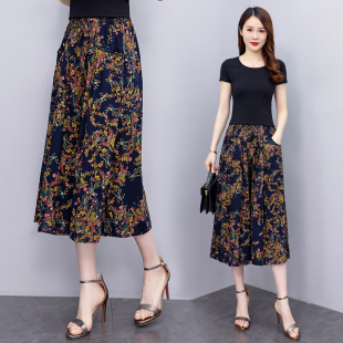 裤 棉绸阔八分裤 女妈妈碎花裙裤 高腰薄款 子 中老年新款 宽松裙裤 夏季