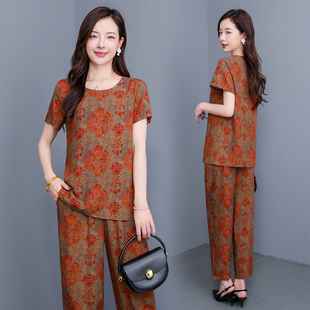 中老年夏装 九分宽松两件套妈妈圆领女装 棉绸新款 套装 短袖 2026夏季
