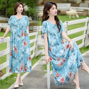 碎花大码 棉绸宽松连衣裙妈妈短袖 裙中老年加肥加大200斤 新款 夏季