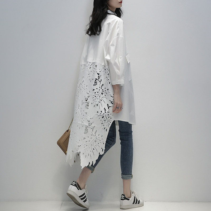 2022春季新款韩版白色九分袖polo领燕尾镂空蕾丝气质中长款衬衫女