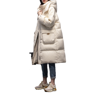 米白色羽绒服女中长款2025冬季新款韩版白鸭绒连帽显瘦加厚外套潮
