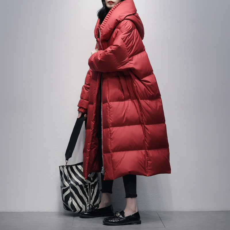 韩版过膝中长款连帽黑色羽绒服女