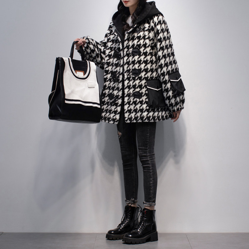 黑白千鸟格颗粒绒外套女2026春秋新款韩版连帽时尚显瘦加厚短外套,女装/女士精品,短外套,淘宝优惠券,粉丝福利购,淘宝优惠卷