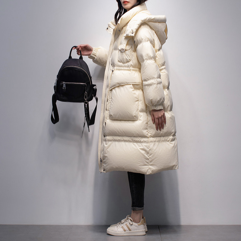 米白色羽绒服女中长款2024冬季新款韩版白鸭绒连帽显瘦加厚外套潮