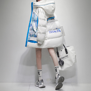 新款 连帽加厚外套 2025冬季 久拉拉白色拼接白鹅绒羽绒服女中长款