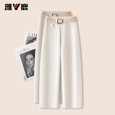 雅鹿卡其色直筒弯刀牛仔裤女春季