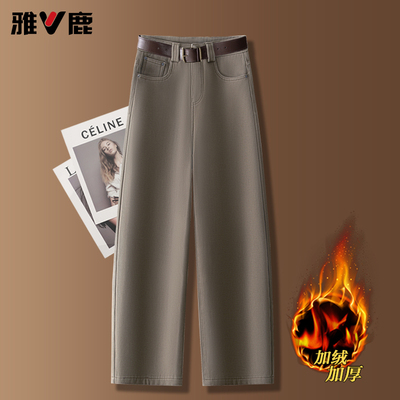 雅鹿茶棕色弯刀牛仔裤女冬季加绒