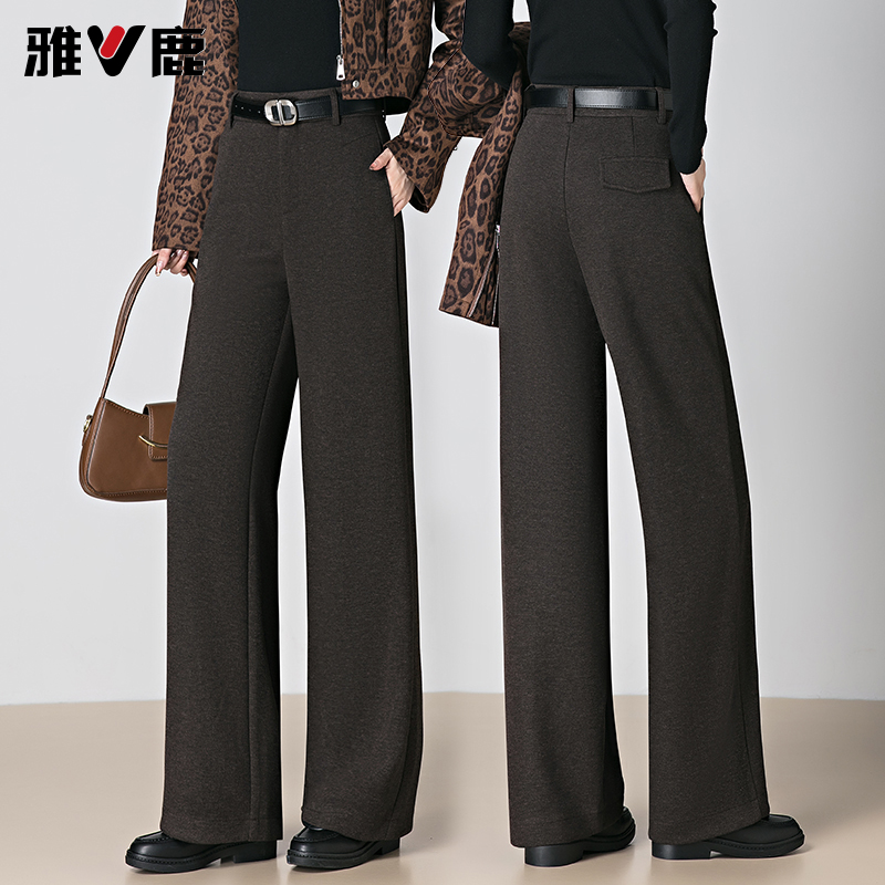雅鹿咖色羊绒毛呢阔腿裤女冬季