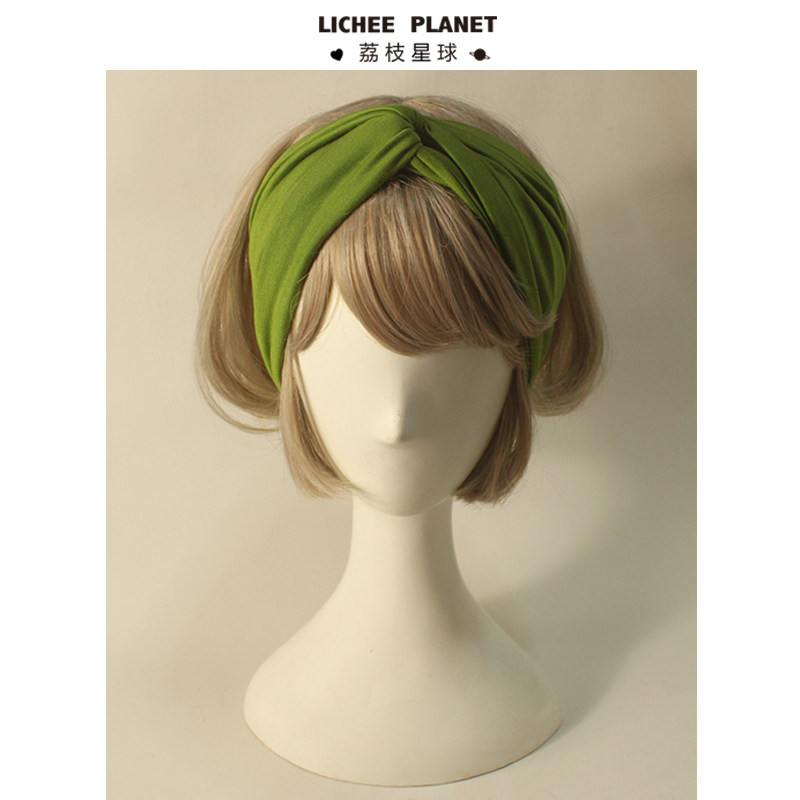 荔枝星球/大地色时髦复古弹力棉质双股加宽包头发带牛油果绿高级