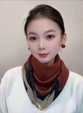 磁吸扣棉麻小方巾丝巾女春秋百搭护颈领巾三角围巾新款保暖围脖女