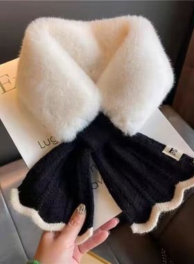 2025新款加厚秋冬交叉毛围脖领子毛绒新款毛韩版针织保暖围巾女