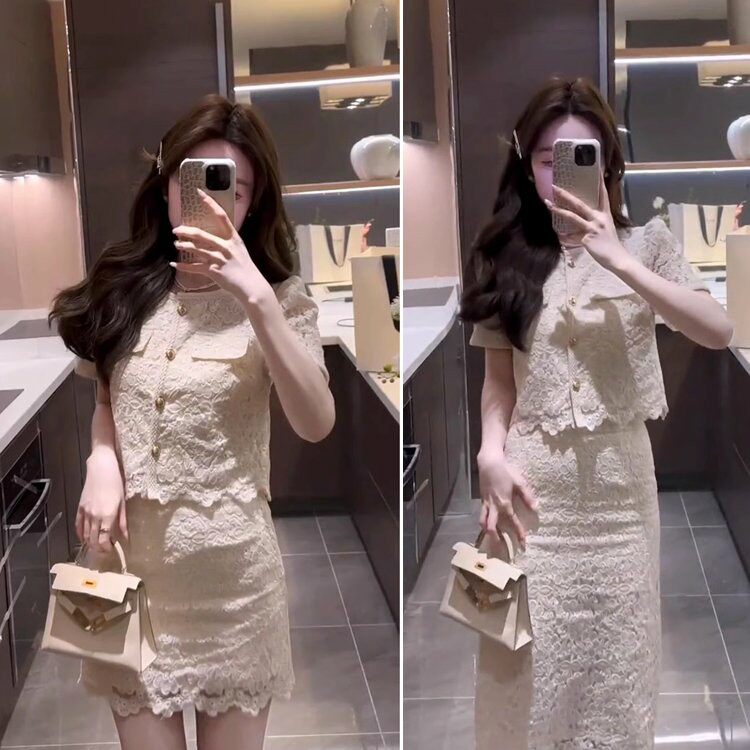 微胖大码女装夏季时尚气质小香风胖mm显瘦蕾丝上衣半身裙两件套装