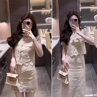 微胖大码女装夏季时尚气质小香风胖mm显瘦蕾丝上衣半身裙两件套装