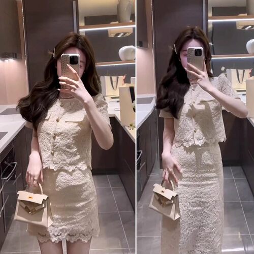微胖大码女装夏季时尚气质小香风胖mm显瘦蕾丝上衣半身裙两件套装