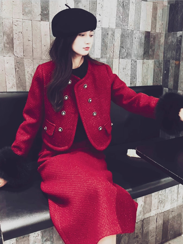 大码女装小香风套装新年羽绒服粗花呢短上衣高级半身裙子两件套