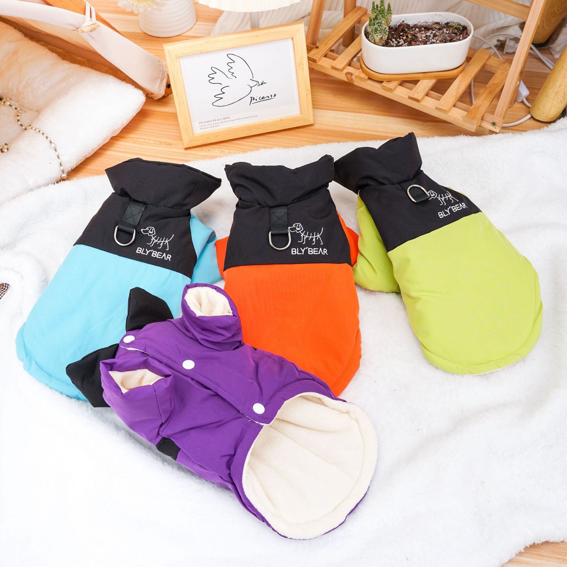 秋冬季宠物服装小狗狗猫咪拼接两腿四色棉服比熊泰迪小型犬批发