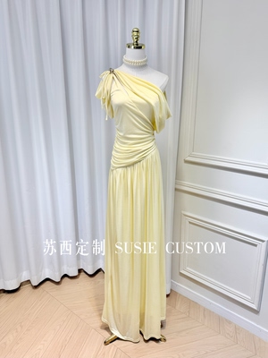 高定设计款显气质绑带斜肩露肩不规则拖地长裙生日礼服旅游度假裙