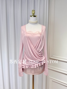 套装 高定设计款 纯欲微透蕾丝边假两件荡领木耳边上衣缎面短裙裤