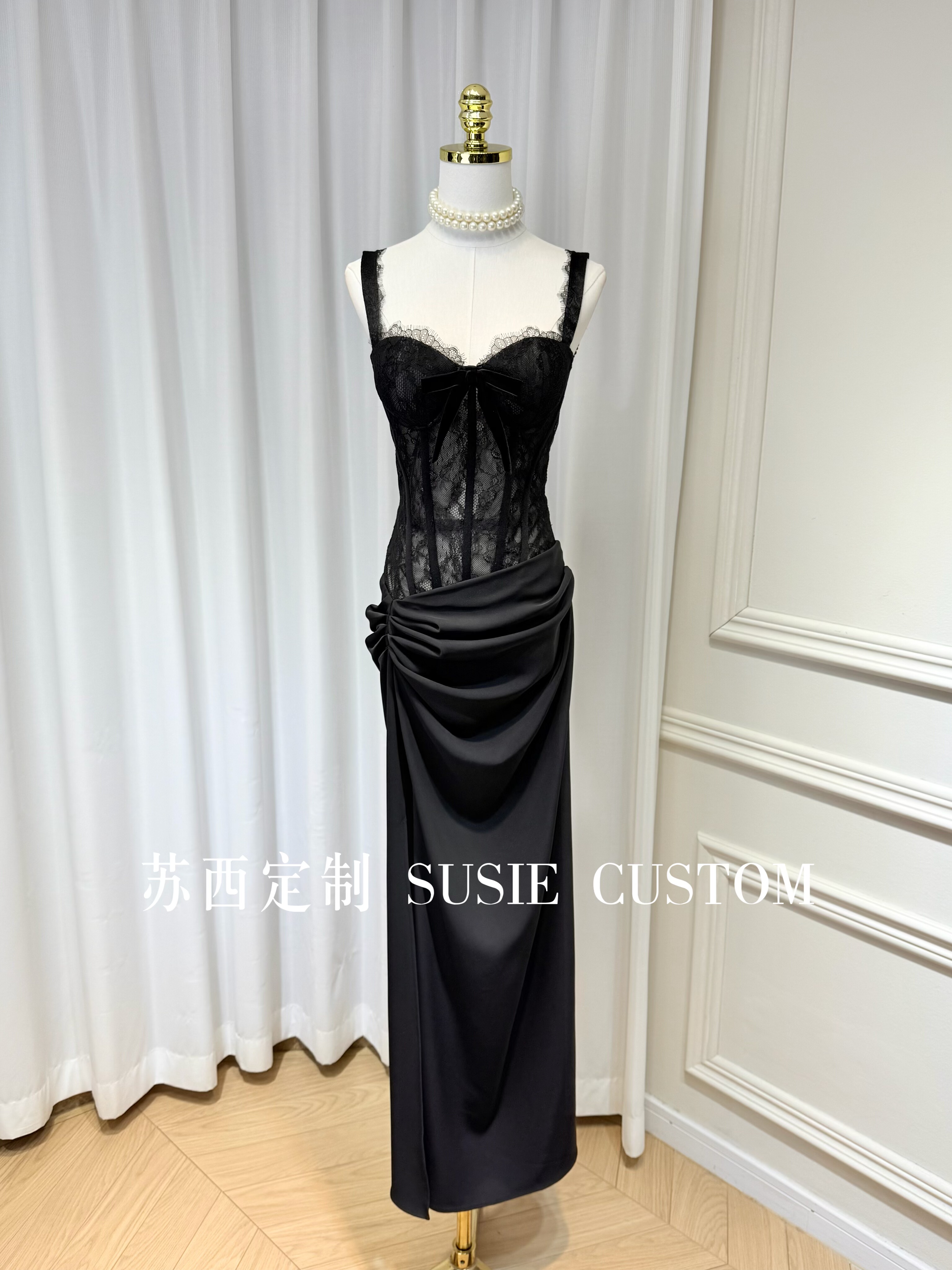 高定纯欲显身材蕾丝胸衣蝴蝶结拼接褶皱包臀高开叉长裙生日礼服裙