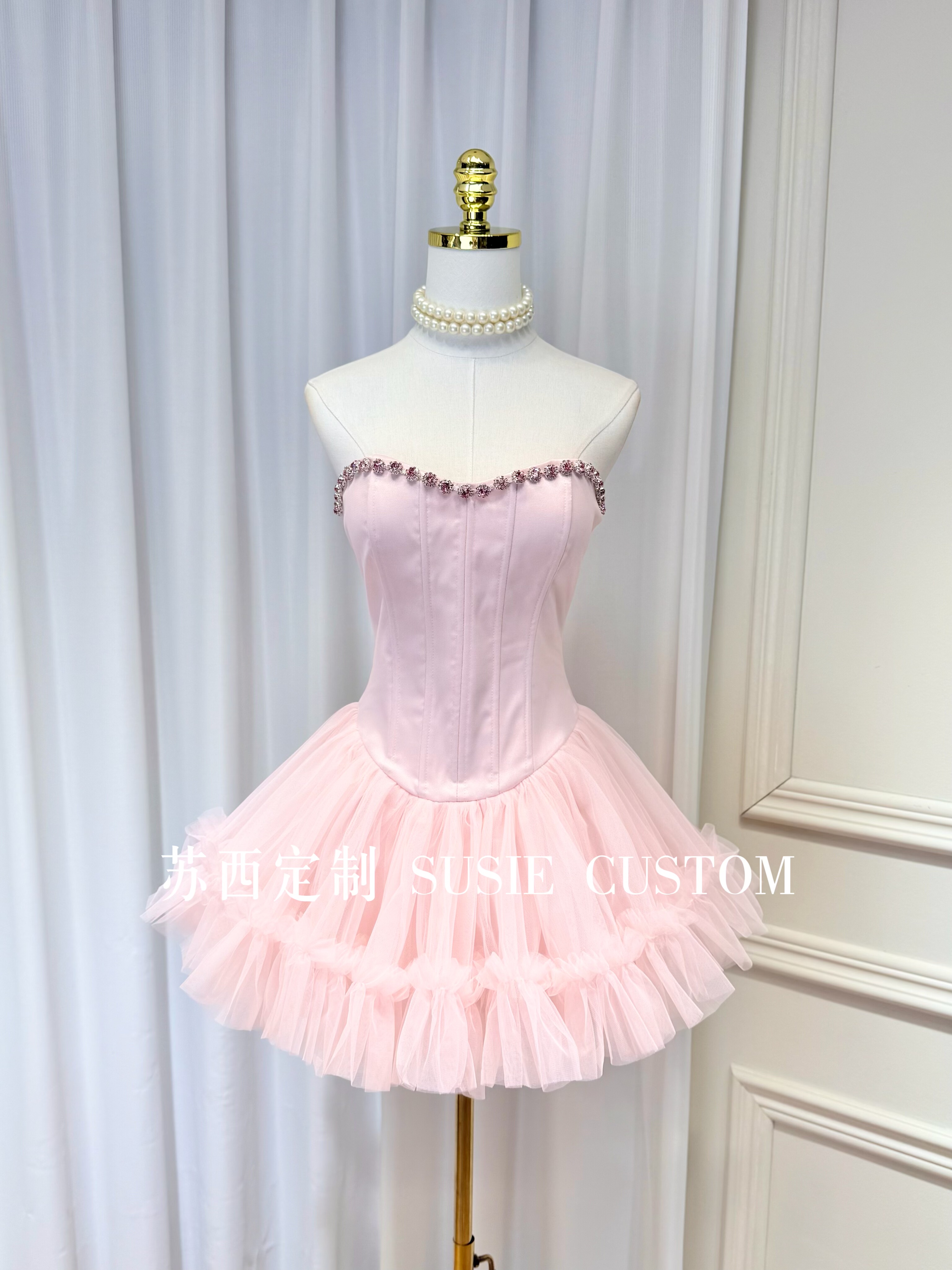 高定设计款水钻链条鱼骨带胸垫绑带收腰蓬蓬纱裙成人礼生日礼服裙