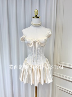 高定纯欲风显身材蕾丝拼接胸衣绑带收腰蓬蓬短裙小个子生日礼服裙