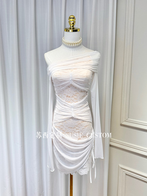 定制款显身材多种穿法一字肩弹力软纱拼接蕾丝褶皱收腰绑带包臀裙