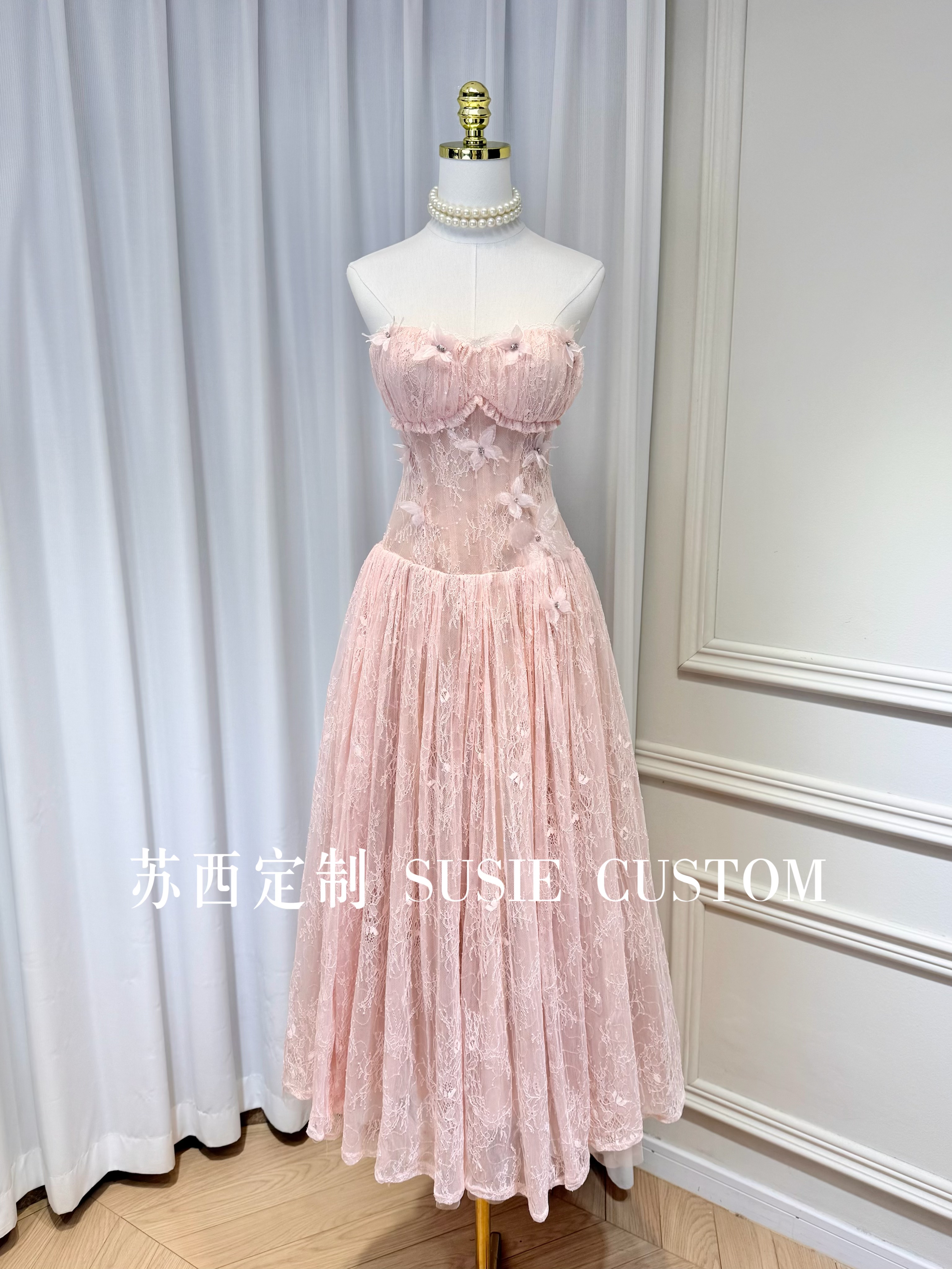 高定立体花朵钻蝴蝶蕾丝抹胸胸垫鱼骨收腰绑带蓬蓬长裙生日礼服裙