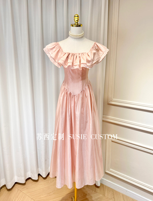 夏季公主裙法式甜美一字肩露肩荷叶边收腰褶皱度假风长裙连衣裙