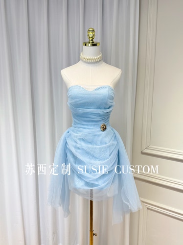 高定越南小众设计款蕾丝网纱带胸垫褶皱包臀飘带生日度假礼服裙