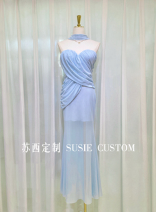 高定小众款纯欲风显身材带胸垫褶皱收腰微透软纱长裙配围脖飘带