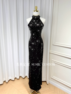 高定轻奢重工挂脖不规则串珠满天星河露背高开叉长款礼服裙生日裙