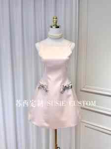 高定设计款法式甜妹风吊带连衣裙串珠蝴蝶结缎面成人礼生日礼服裙