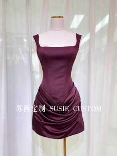 高定小众设计款 褶皱包臀绑带背心裙生日礼服裙 显身材方领鱼骨修身