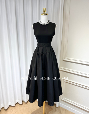 复古高级赫本显气质珍珠水钻领口无袖背心收腰大摆蓬蓬裙摆连衣裙