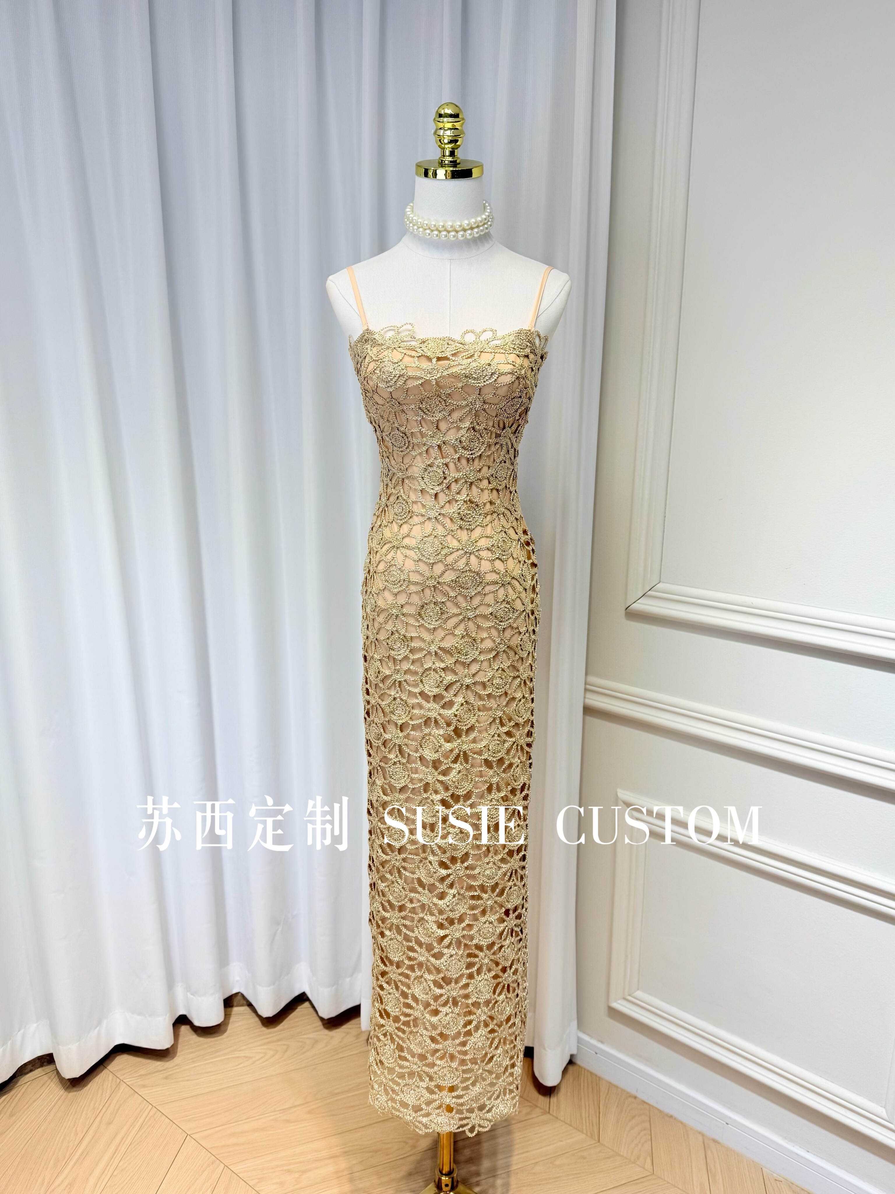 高定辣妹纯欲风显身材蕾丝金线镂空立体钩花吊带包臀长裙小礼服裙